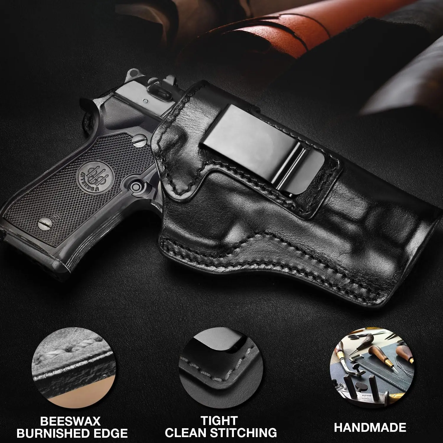 Funda de cuero IWB para Beretta 92FS/96/M9 (sin riel), transporte oculto, cinturilla interior, cinturón apto para 1,5 "-1,75", mano derecha - imagen 5