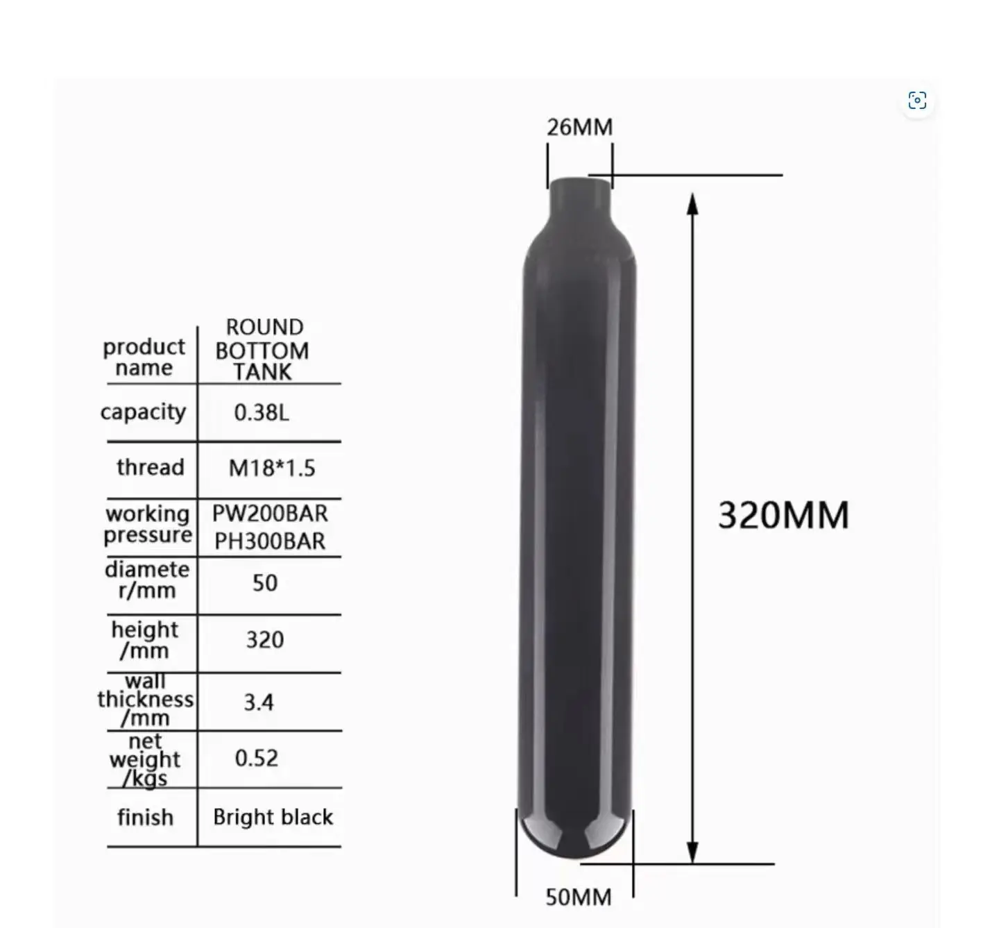 Botella de buceo aluminio 0,38 L rosca M18*1,5 20MPa - imagen 5