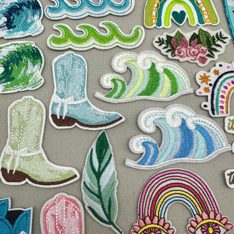 Parche bordado de ola de mar/botas de dibujos animados, parches para planchar al aire libre para ropa, parches bordados DIY para ropa, pegatinas de costura