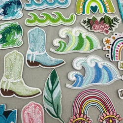 Parche bordado de ola de mar/botas de dibujos animados, parches para planchar al aire libre para ropa, parches bordados DIY para ropa, pegatinas de costura