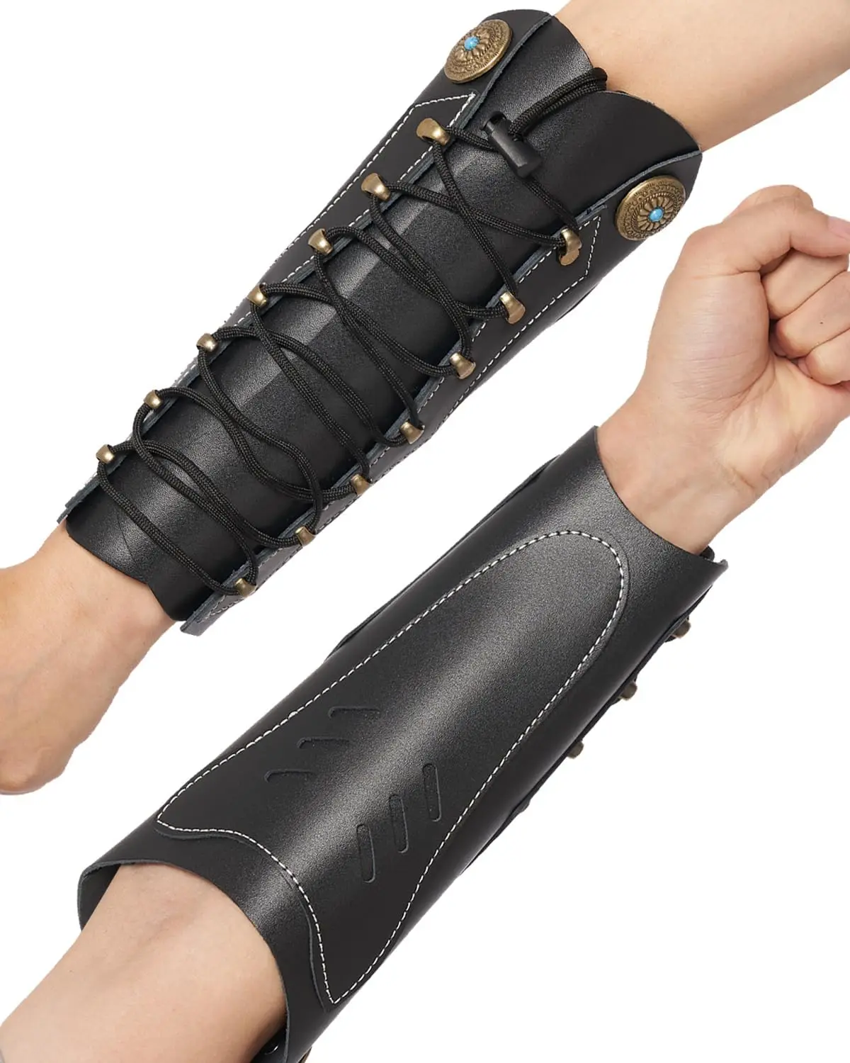 Protectores de brazo de cuero de vaca hechos a mano, guante de tiro de mano con lazo, ajustable para caza, Protector de brazo, guantelete, brazalete Unisex - imagen 2