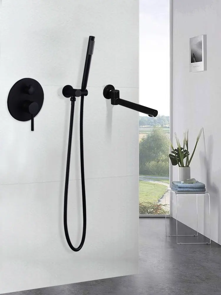 Grifo de baño de cobre montado en la pared, juego de ducha de borde de bañera de agua fría y caliente oculta, dorado - imagen 4