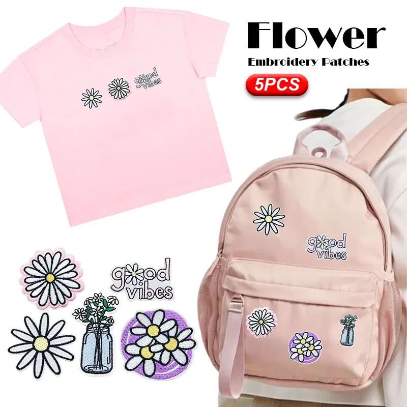 Parches bordados de flores de piezas, costura DIY para camisetas, bolsos, sombreros, chaquetas, zapatos, parche de tela de decoración, 5 uds. - imagen 2