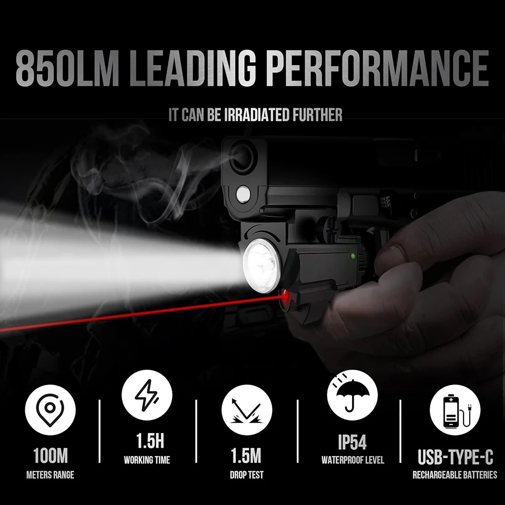 Luz de pistola compacta con mira láser roja, luz de pistola recargable de 850 lúmenes, mira láser, linterna combinada para pistola - imagen 3