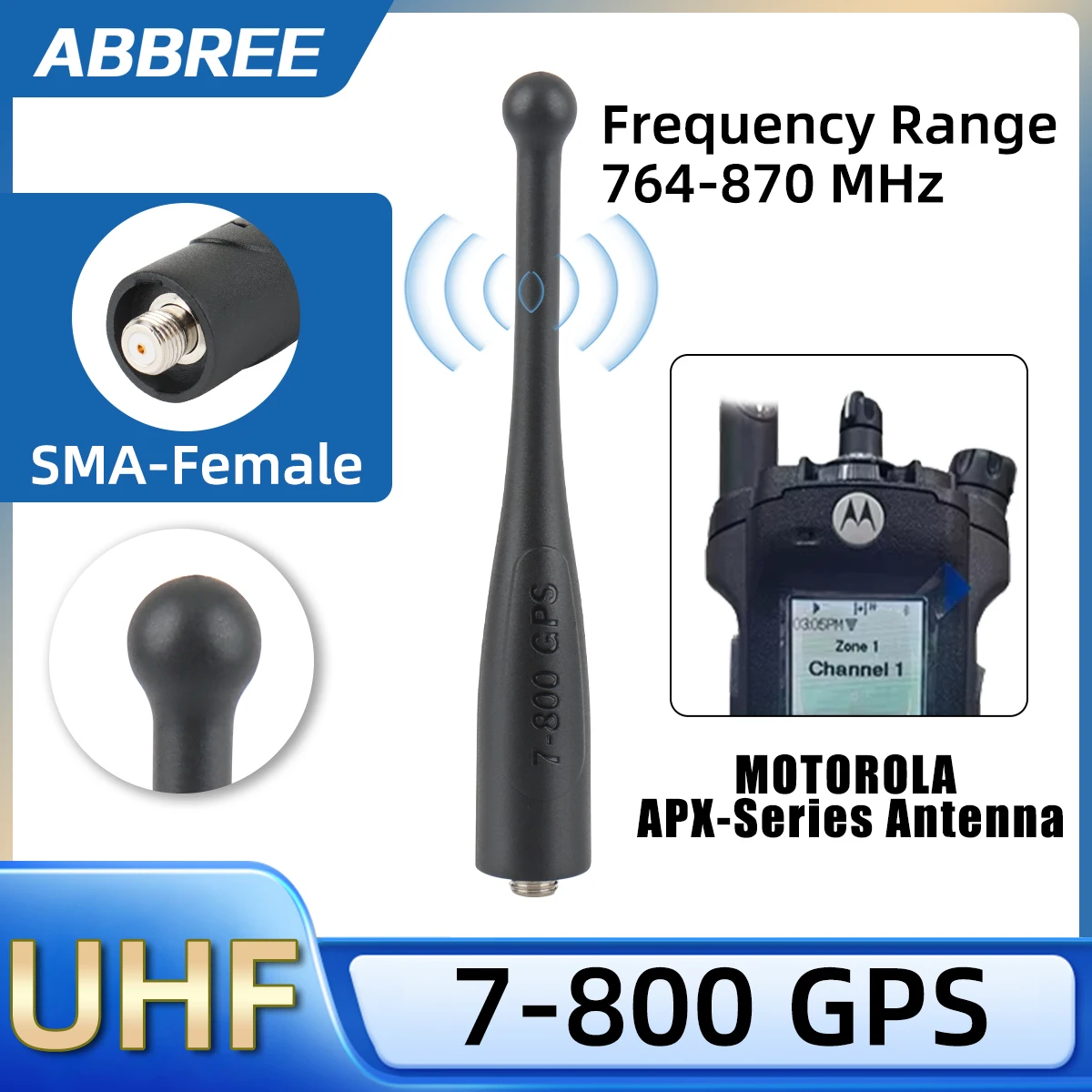 ABBREE 7-800 antena GPS SMA hembra UHF 764-870MHz antena rechoncha para Motorola APX serie APX 1000 4000 6000 APX 6000XE 8000XE