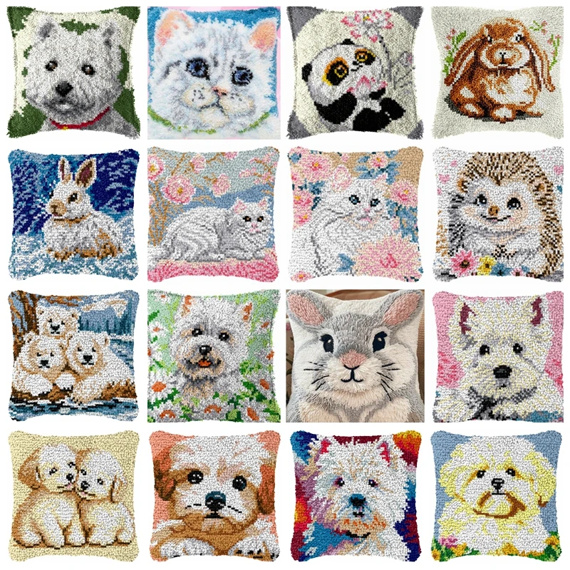 Kits de alfombrillas con gancho de pestillo de la serie Animal, paquete de almohadilla de botón para gato, perro, conejo, Smyrna klink haak, almohada bordada, knooppakket