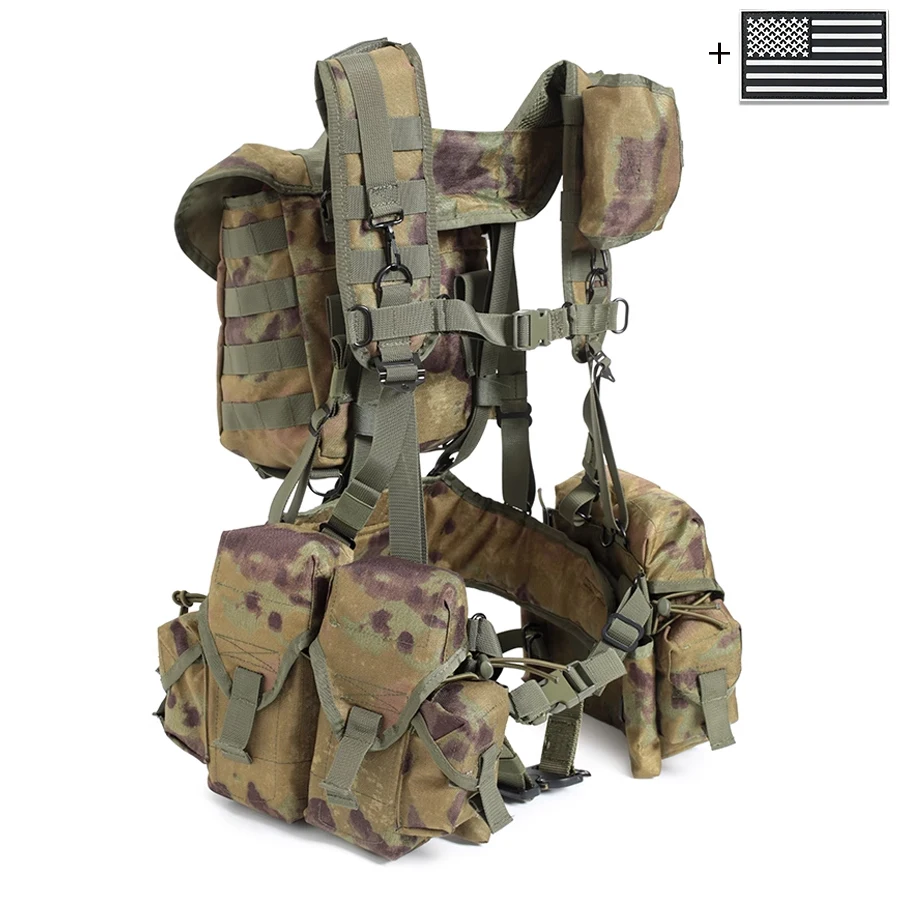 Camiseta sin mangas de camuflaje con sistema MOLLE, camiseta sin mangas con bolsillo para liberación rápida de equipo de caza al aire libre + parche de bandera de EE. UU.