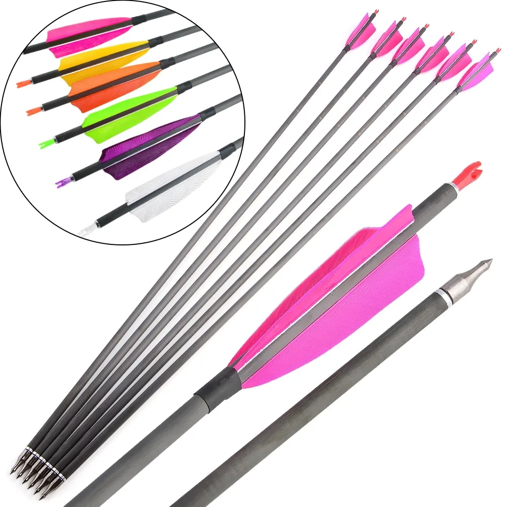 Flecha de carbono SP400 de 35 pulgadas, tiro con arco de 4 ", pluma de pavo Real, puntas de 100Gr, ID de 6,2mm, arco compuesto de flecha de carbono, tiro de caza, 6/12 Uds.