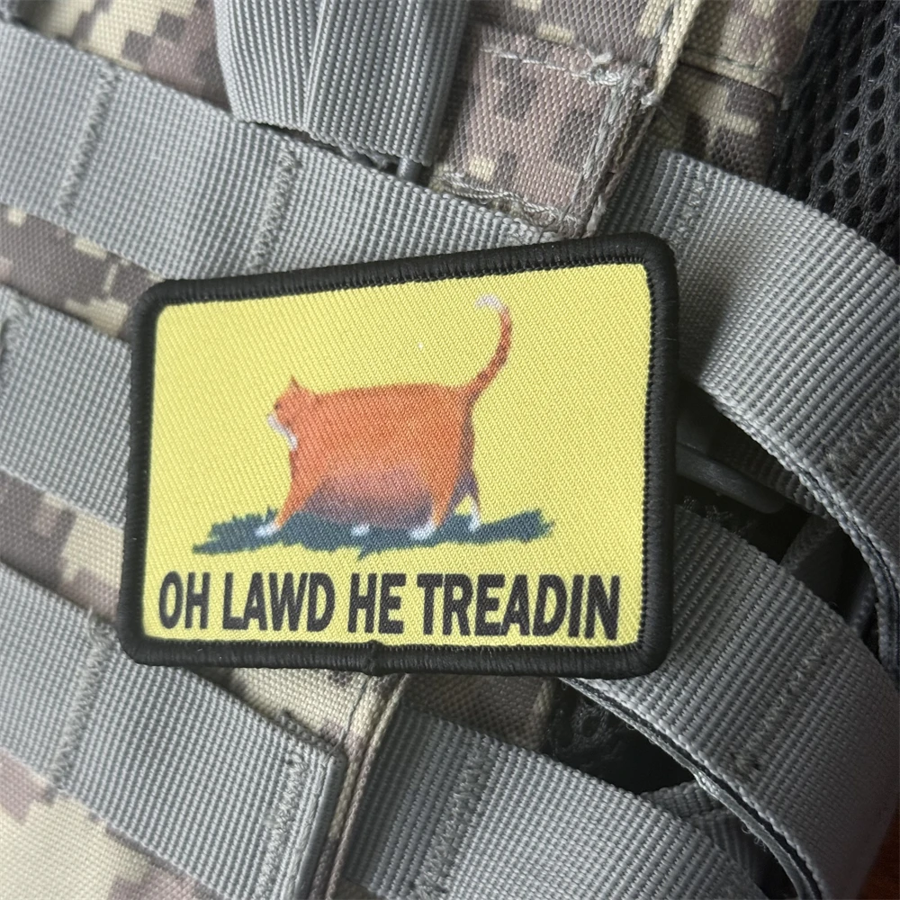 Parche táctico de moral de gato gordo "Oh Lawd He Treadin", brazalete del ejército militar, parches impresos con gancho para ropa, pegatina para mochila