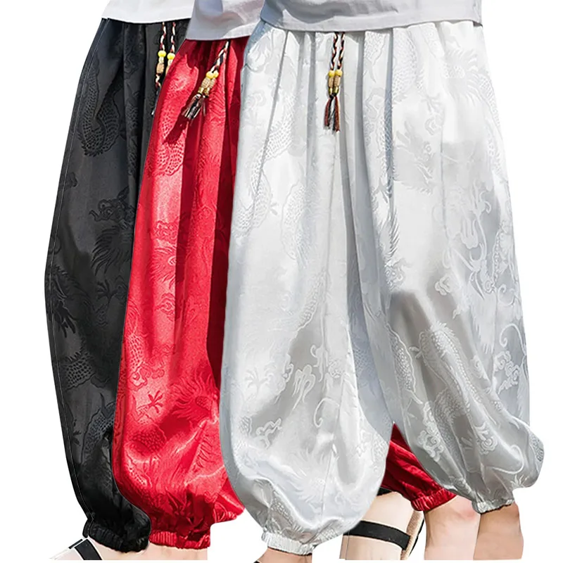 Pantalones de verano para hombre, pantalones informales Harajuku, pantalones de pierna ancha de estilo japonés, ropa de calle fina holgada de seda helada, pantalones de chándal holgados para correr