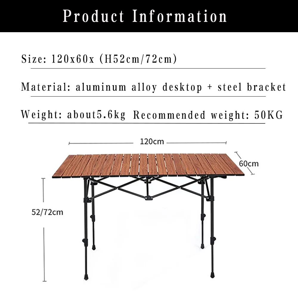 Mesa plegable de aluminio para acampada, mueble portátil de 120x60cm, altura ajustable, ideal para jardín, Picnic y exteriores - imagen 4