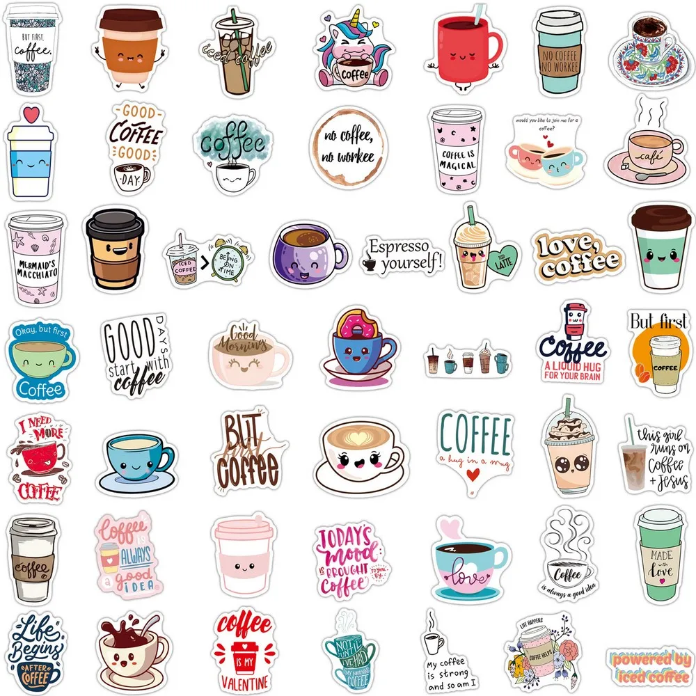50 Uds pegatinas de café de dibujos animados Espresso Latte Mocha pegatina bonita DIY pegatinas de vinilo para ordenador portátil para niñas niños regalo juguete impermeable - imagen 5