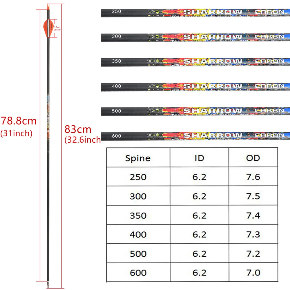 ‌ Flecha de carbono puro para tiro con arco, columna vertebral de 31 pulgadas, 250-600 ID, paletas de goma de 6,2mm para arco compuesto, objetivo de tiro de caza, 12 Uds. ‌ - imagen 2