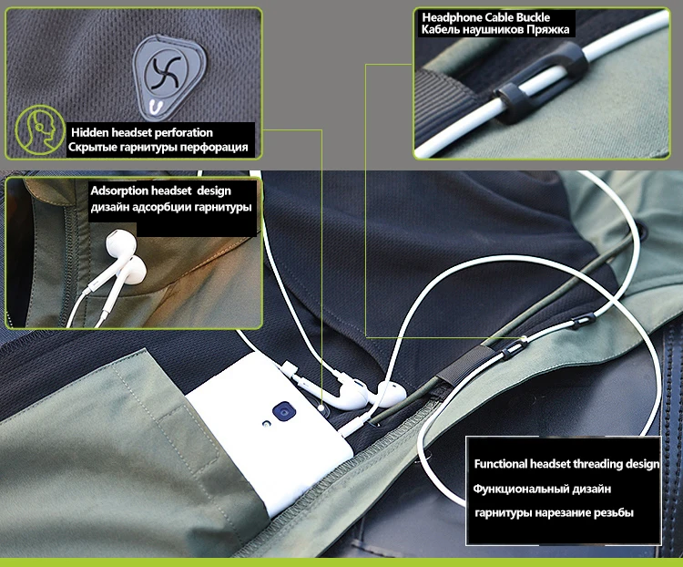 Una chaqueta con auriculares y un teléfono celular conectado