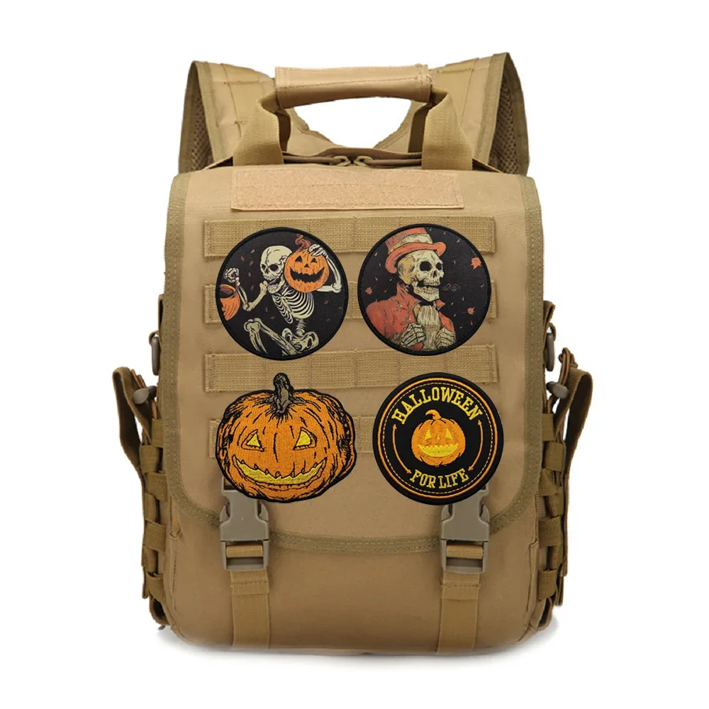 Brazalete victoriano de otoño tejido para Halloween, parches tácticos con estampado de calavera y calabaza, pegatinas para ropa con gancho y bucle - imagen 3