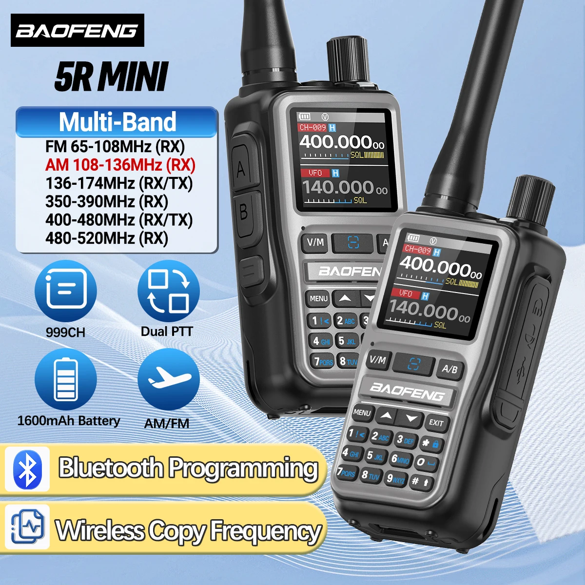 BAOFENG UV-5R Mini Walkie Talkie Multi banda Bluetooth programación frecuencia de copia inalámbrica 999CH AM FM Radio bidireccional de largo alcance