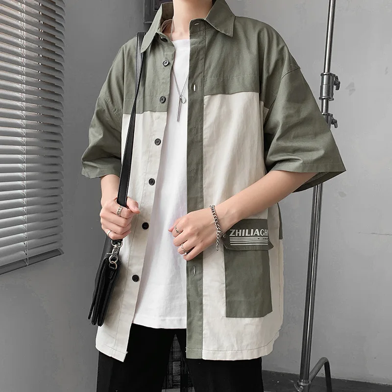 Camisa de manga corta para hombre, camisa de trabajo holgada informal de estilo de Hong Kong, Top de contraste de estilo veraniego, camisas holgadas con bloqueo de Color - imagen 5