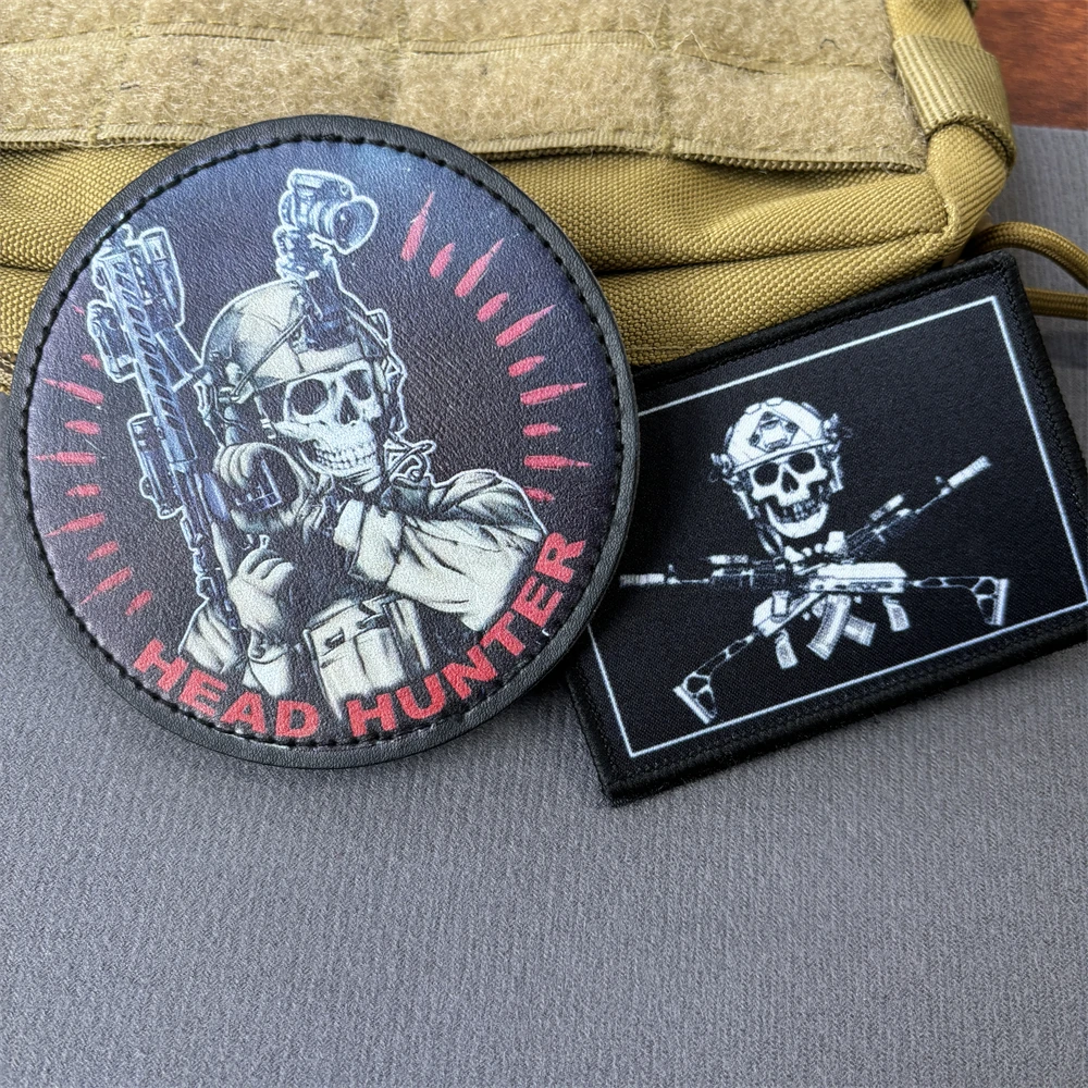 Parches tácticos de moral de esqueleto "Russian Roger", cazador de cabeza, parche de gancho y bucle impreso de PU, insignia de Chevron militar, pegatinas para mochila