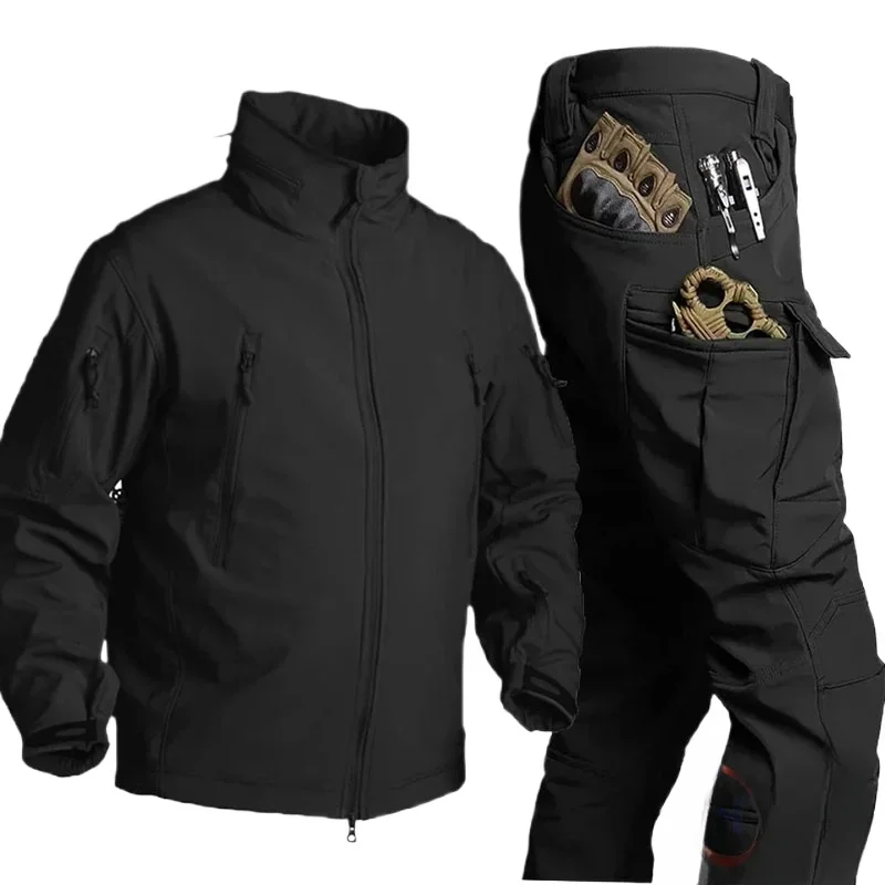 Conjuntos tácticos de forro polar para hombre, chaquetas de piel de tiburón impermeables con múltiples bolsillos, pantalones Cargo cálidos, trajes tácticos para exteriores - imagen 3
