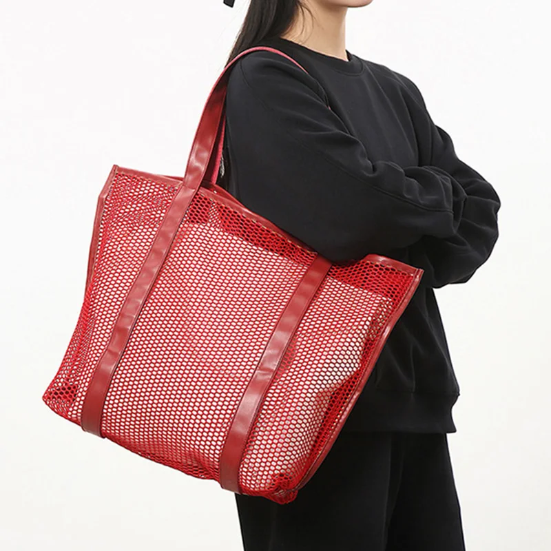 Bolsa de compras de malla plegable para natación, bolsa de playa de malla para exteriores de gran capacidad, bolso de viaje para comando, bolso escolar para estudiantes - imagen 5