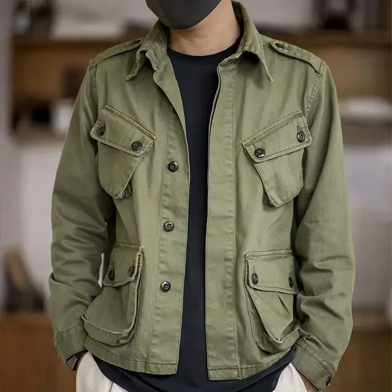 Chaqueta Bomber para hombre con múltiples bolsillos, chaqueta táctica militar de un solo pecho, cortavientos para primavera y otoño, abrigos Retro de manga larga lisos - imagen 2
