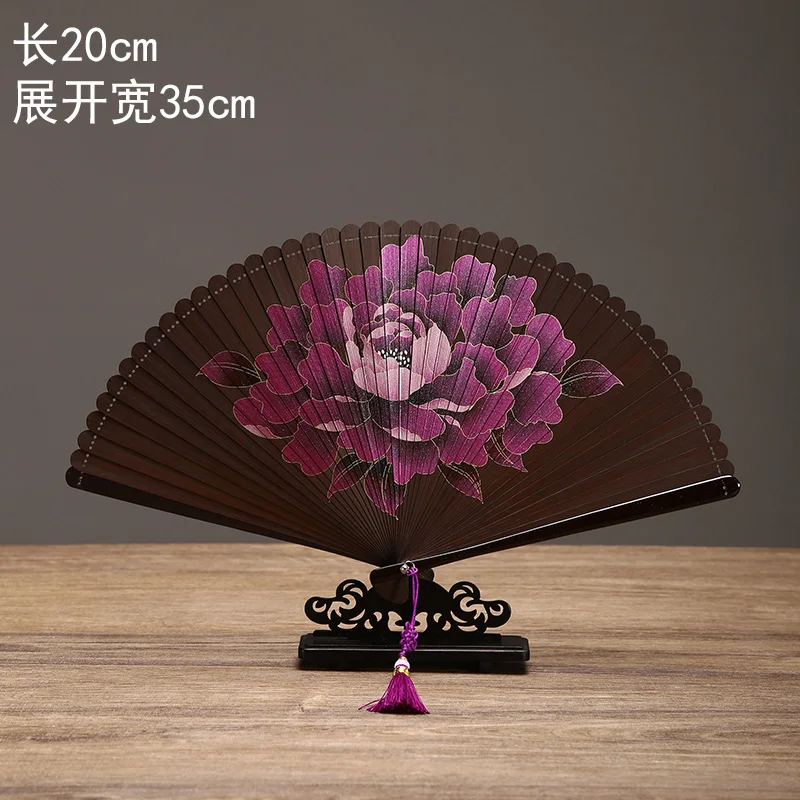 Abanico japonés antiguo de bambú tallado mini – Rojo y negro para baile