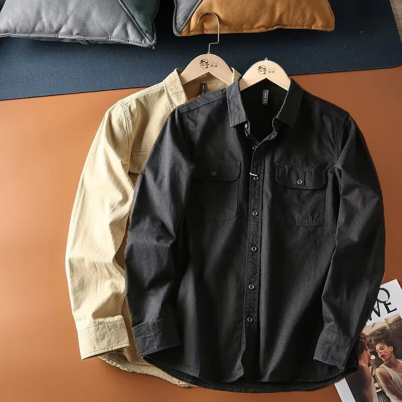 Camisas de calle para hombre, chaqueta ligera informal, camisa de manga larga con dos bolsillos, chaqueta Retro Harajuku para primavera y otoño, 2 uds. - imagen 4