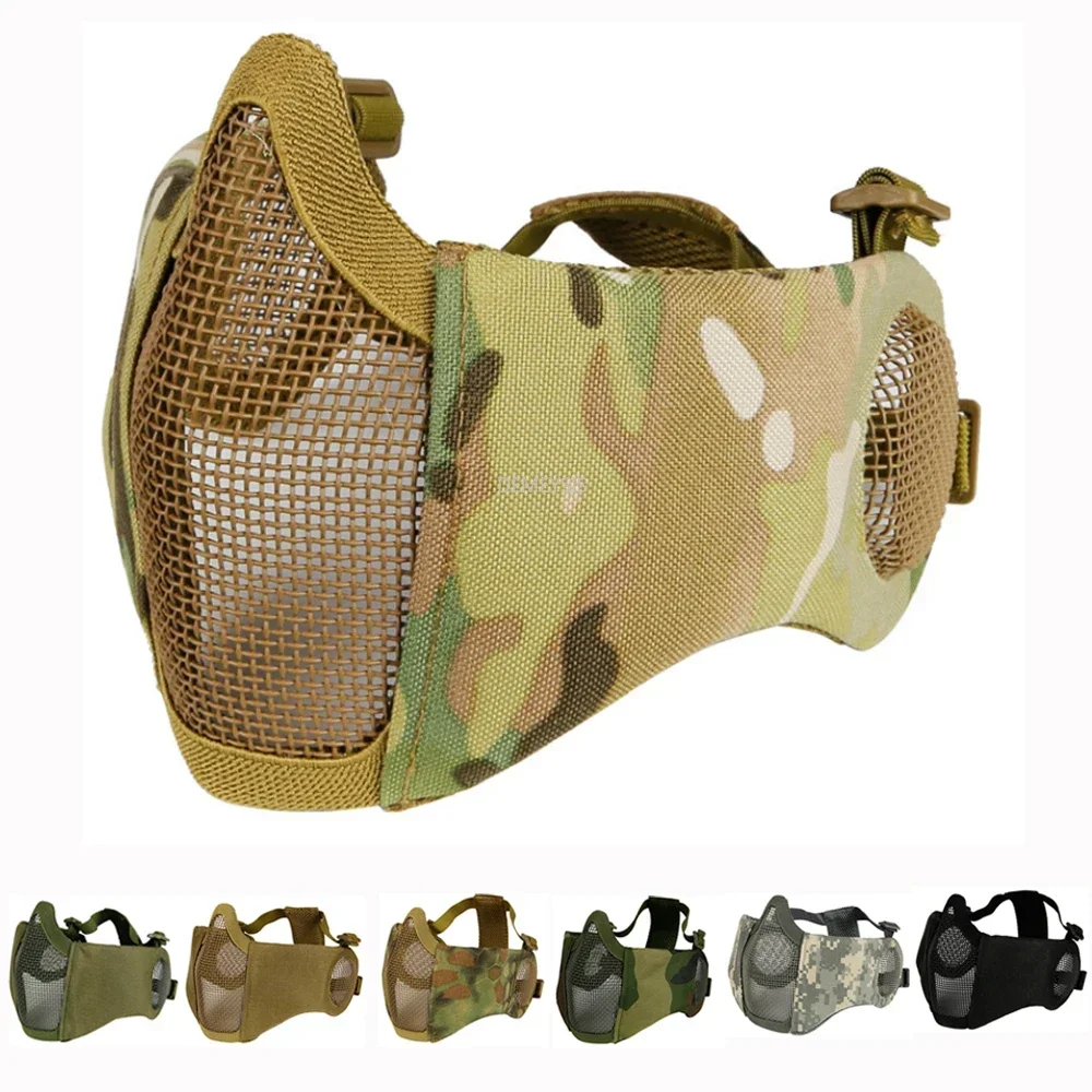 Máscara táctica de malla de red de acero y Metal, máscaras de protección para los oídos de media cara para caza, máscara protectora de camuflaje