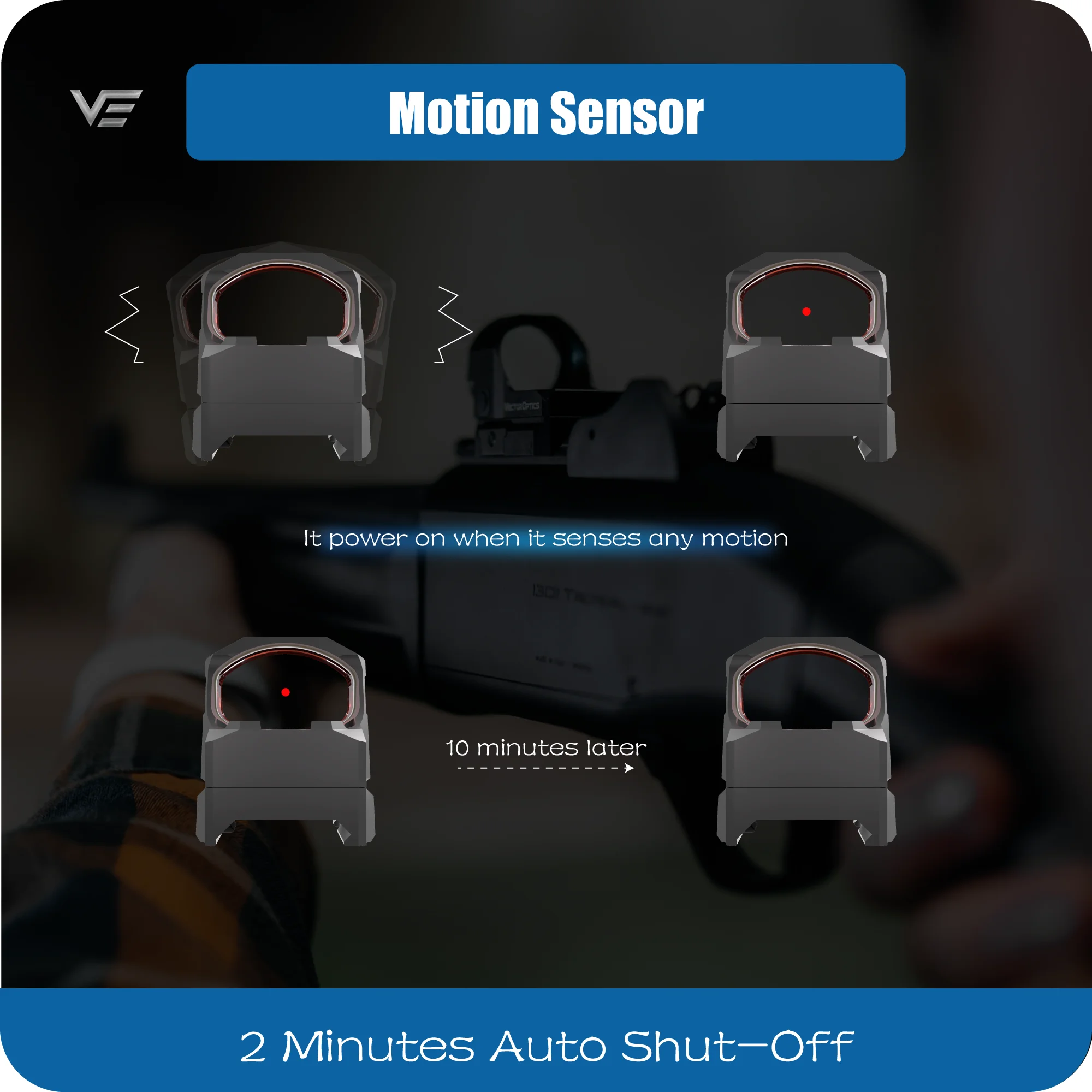 Punto de mira Vector Optics Frenzy-X 1x19x28 GenII para pistola, fabricado en aleación de aluminio 7075-T6, con sensor de movimiento y carga lateral de la batería - imagen 3