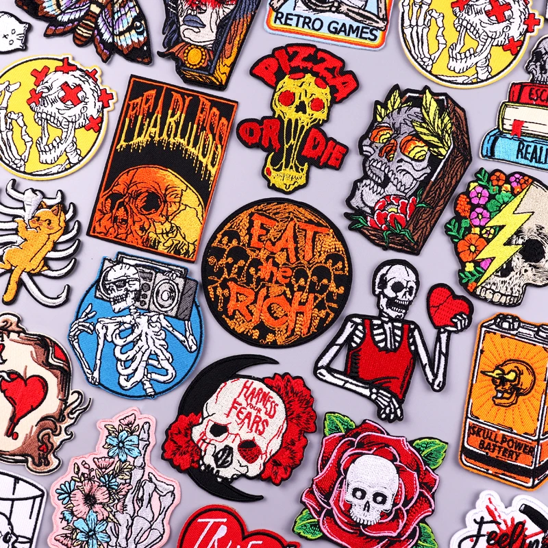 Parche bordado de calavera Punk, parches para planchar para ropa, parches bordados de Hip Hop para ropa, parche Fusible para insignias de ropa