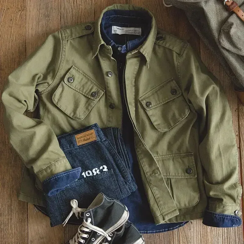 Chaqueta Bomber para hombre con múltiples bolsillos, chaqueta táctica militar de un solo pecho, cortavientos para primavera y otoño, abrigos Retro de manga larga lisos - imagen 4