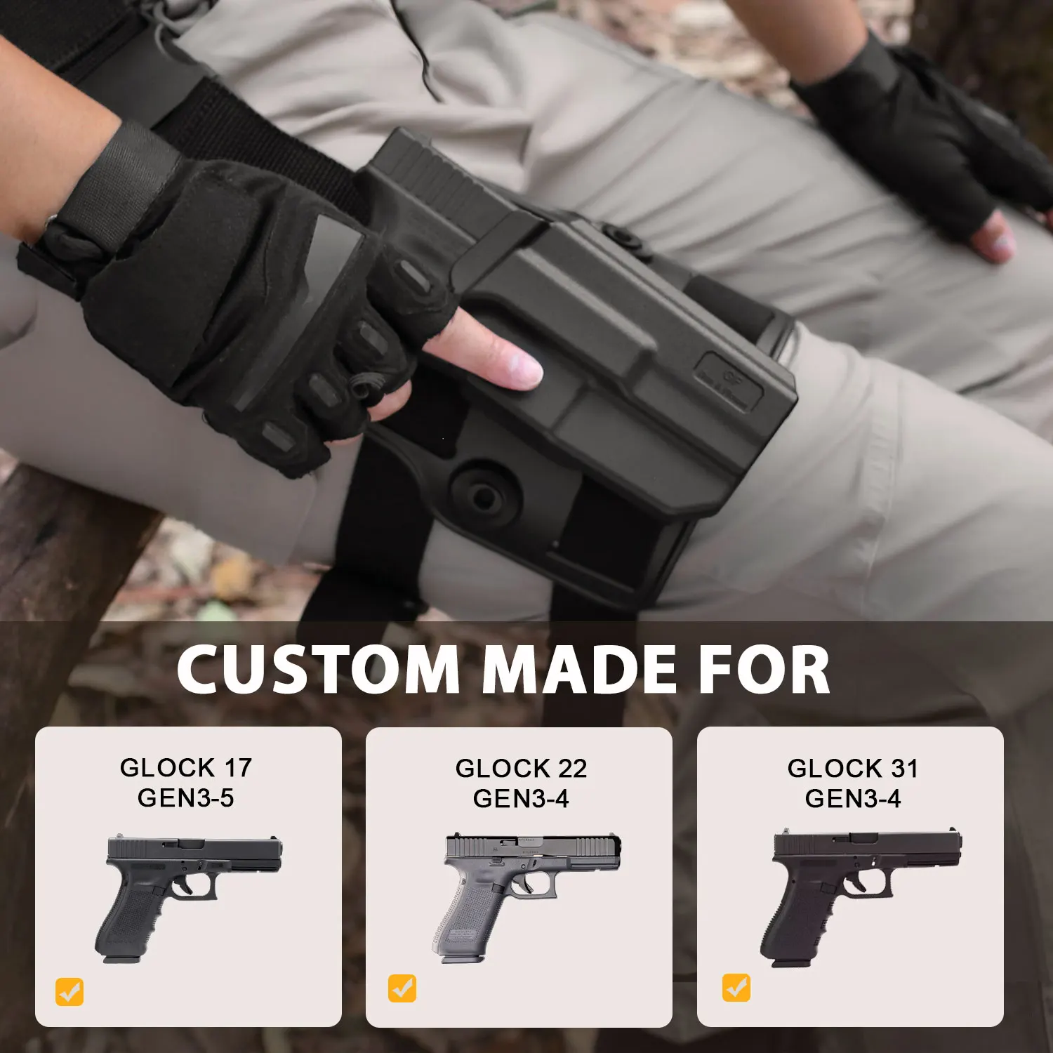 Funda para pierna caída Glock 17 con retención de nivel II, Compatible con G17 (Gen3-4), no compatible con G22/31 Gen5, pierna caída de polímero, liberación del pulgar - imagen 2