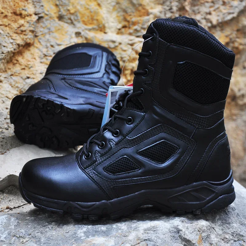 Bota para hombre de cuero genuino Vintage con cordones zapatos de seguridad impermeables negro desierto combate botines tácticos hombres - imagen 2