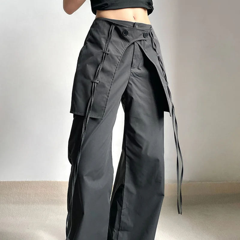 Pantalones Cargo de cintura baja para mujer, pantalón informal con dobladillo de cinta, Jogger femenino, pantalones sueltos de pierna ancha Y2k, pantalones de bailarina - imagen 5