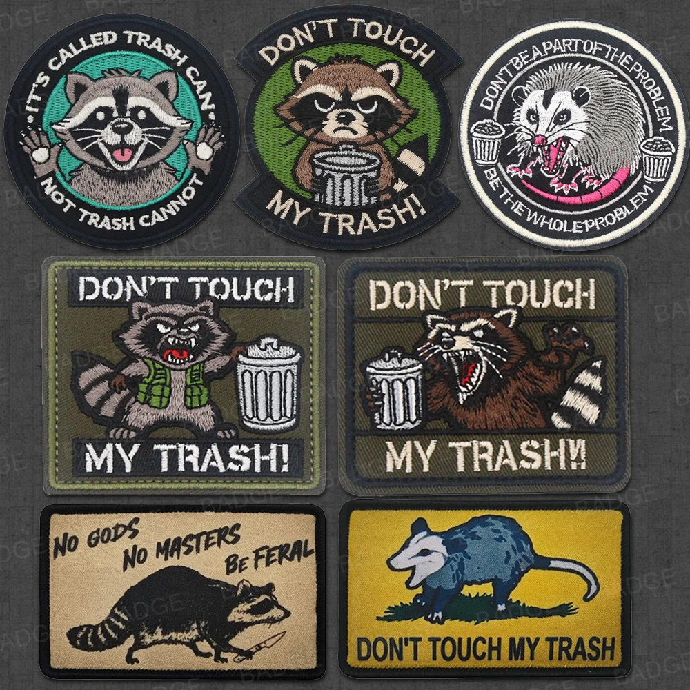 Parche bordado de mapache con cubo de basura, divertido soporte de gancho y bucle "Don't Touch My Trash" para chaleco táctico, mochila, sombrero