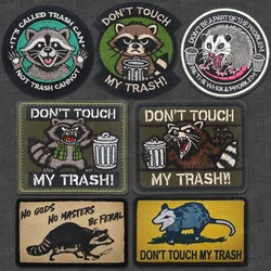 Parche bordado de mapache con cubo de basura, divertido soporte de gancho y bucle "Don't Touch My Trash" para chaleco táctico, mochila, sombrero
