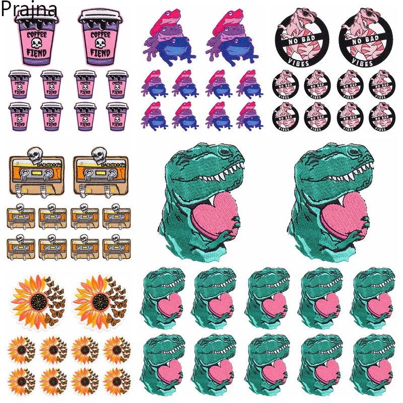 Parche bordado de rana de dinosaurio de dibujos animados/Animal, parches para planchar en la ropa, parches Punk/calavera en la ropa, bricolaje, 10 unids/lote