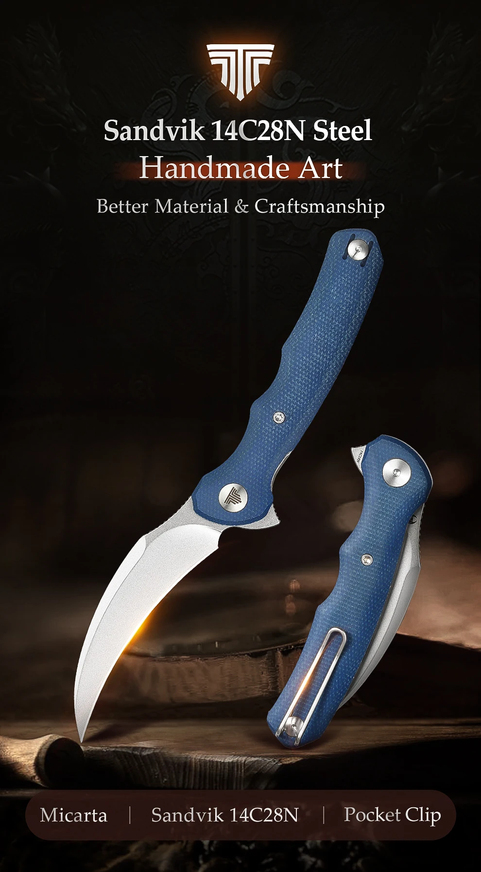 Cuchillo EDC TRIVISA Pikal con hoja Hawkbill y clip