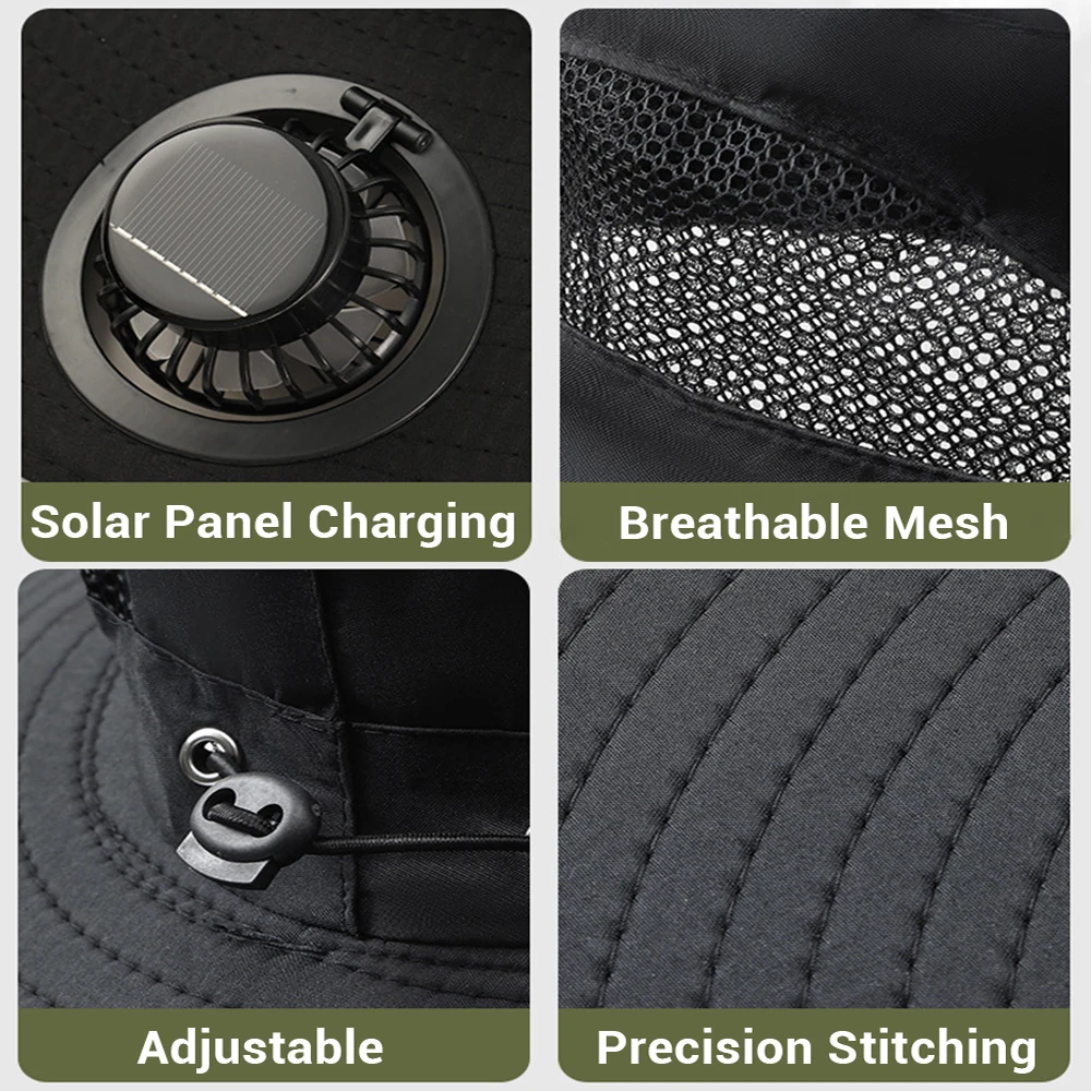 Sombrero de sol de ala ancha para exteriores con 2 ventiladores solares, sombrero de cubo para el sol, gorra de pesca para hombres y mujeres UPF 50+, gorra de cubo para caza y Camping - imagen 5