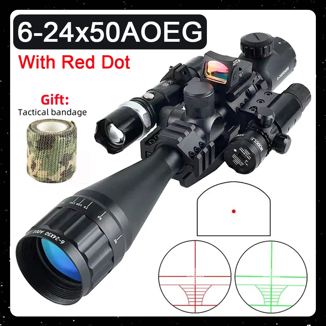 Mira iluminada con retícula roja y verde táctica, 6-24x50AOEG con punto rojo, Combo láser óptico para caza, Combo de accesorios Airsoft - imagen 4