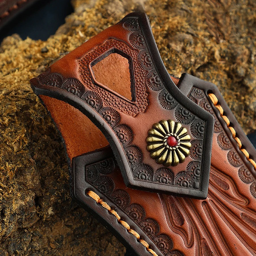 Juego de cuchillos plegables curtidos para verduras, almacenamiento de cuchillos de bolsillo de Damasco, capa superior, Funda de cuero de vaca - imagen 3