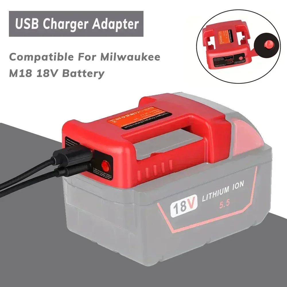 Adaptador de cargador USB Compatible con batería Milwaukee M18 de 18V, puerto de salida dual con interfaz de carga USB y tipo C