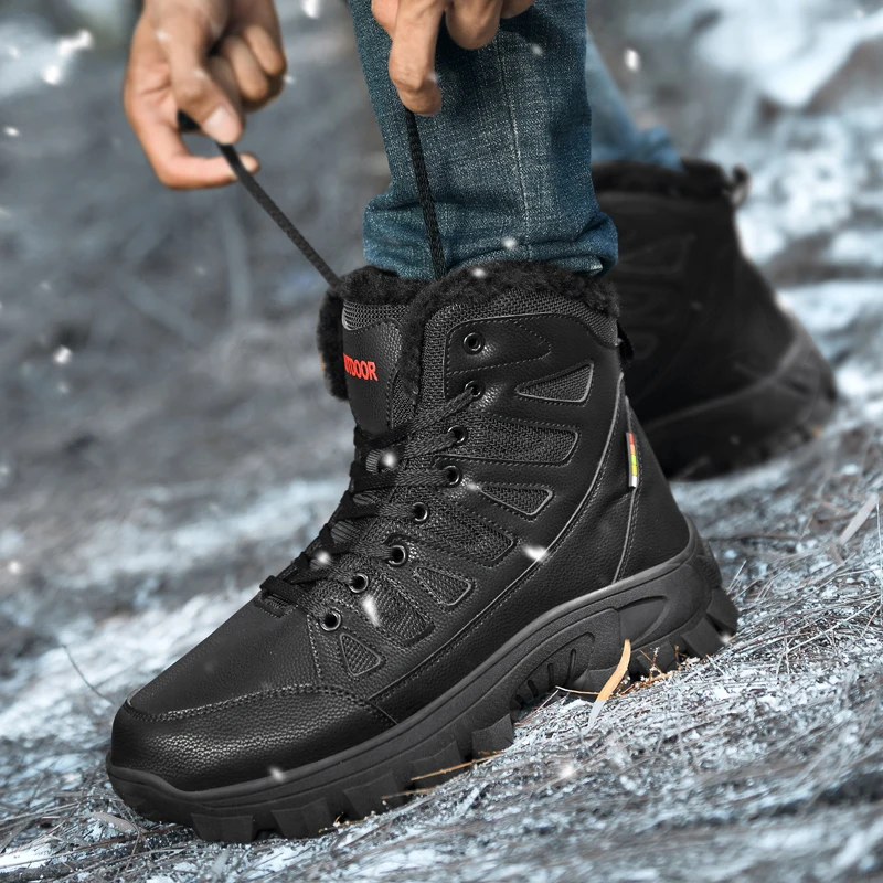 HIKEUP-zapatos de senderismo al aire libre para hombre, botas de nieve militares, de algodón, acolchadas, cálidas, tácticas, de cuero genuino, talla grande - imagen 4