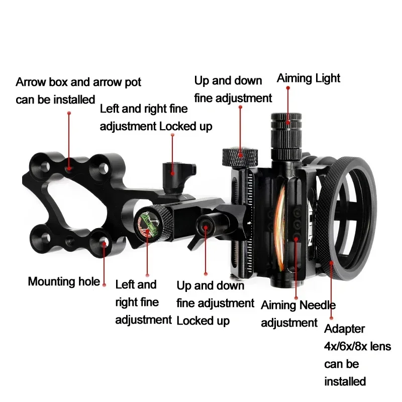 Mira de arco compuesto, lente 4x/6x/8x, mira de tiro con arco de 5 pines, fibra óptica de 0,019 pulgadas para tiro a mano izquierda/derecha, objetivo de caza - imagen 4