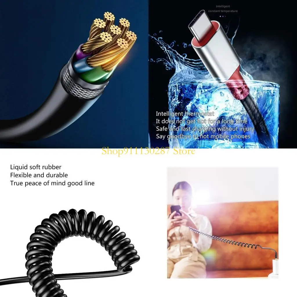 J1HC 66W 5A Tipo carga rápida C Cable U USB CAR Spring USB C Línea transferencia datos cable Collied para accesorios