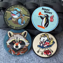 Parches bordados de animales de dibujos animados, delfines tácticos y mapache, pingüino, insignia de moral, parche de gancho y bucle para chaquetas, mochilas, sombreros