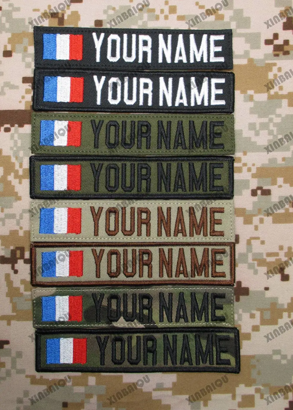 Parche bordado personalizado bandera de Francia nombre personalizado cinta parche gancho y bucle Multicam verde ACU negro bronceado