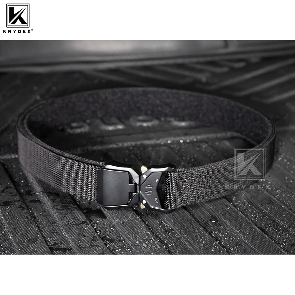 KRYDEX-Cinturón táctico de liberación rápida para hombre, cinturón resistente de 1,5 pulgadas, hebilla superior abatible de Metal de nailon de 2 capas, cinturón negro para caza al aire libre