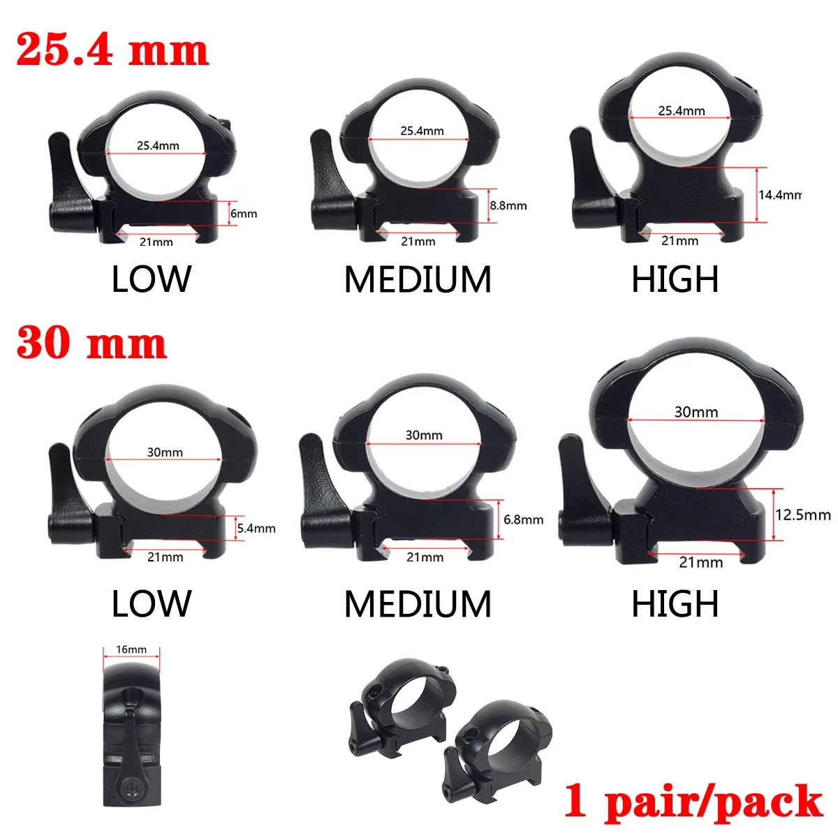 2 unids/pack anillos de alcance de acero de liberación rápida perfil bajo medio alto para riel Picatinny de 20mm 25,4mm 30mm accesorios para Rifle de caza - imagen 2