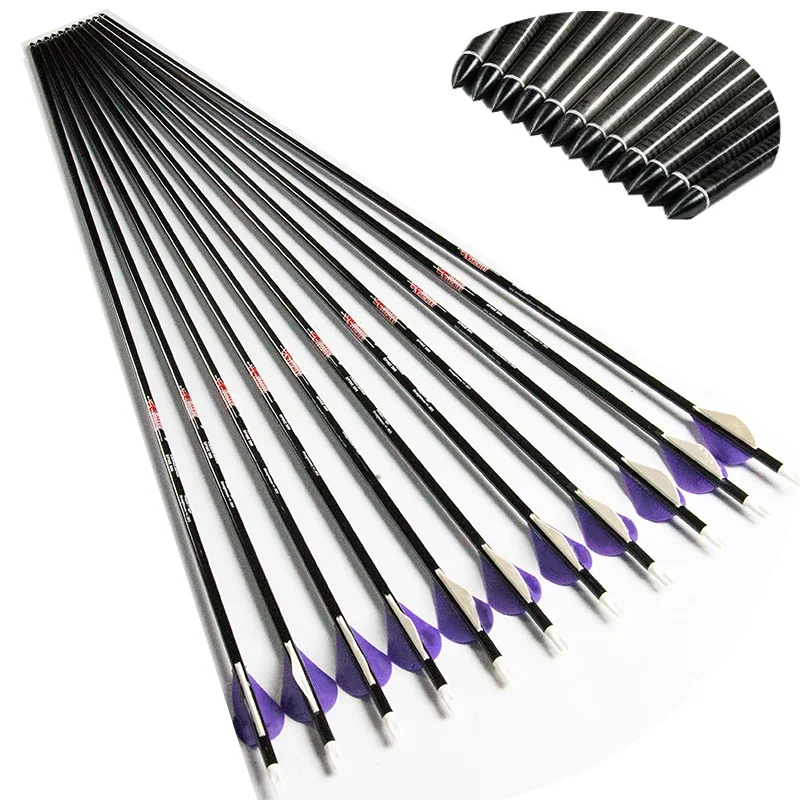 12 Uds Linkboy tiro con arco 100% flechas de carbono puro ID6.2mm Spine400 Pin Nock punto objetivo flechas completas para caza con arco compuesto